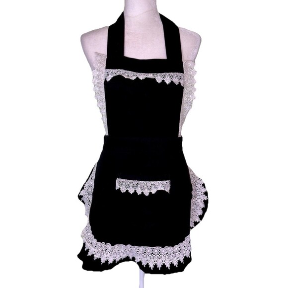 French Style Maid Apron White Lace Cooking Aprons Princess Bib With Pocket Women - Picture 1 of 6